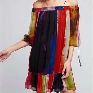 Anthropologie Floreat Off Shoulder Watercolor Sheer Lined Boho Dress S